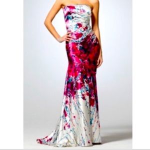 La Femme Fashion Ruched Floral Mermaid Gown